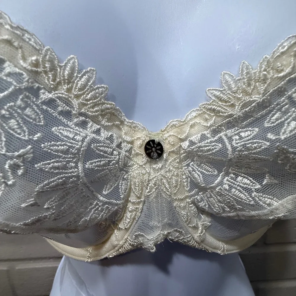 Vintage Y2K Chantelle Paris Lace Embroidered Sheer Mesh Bra‎ 32DD Made in France